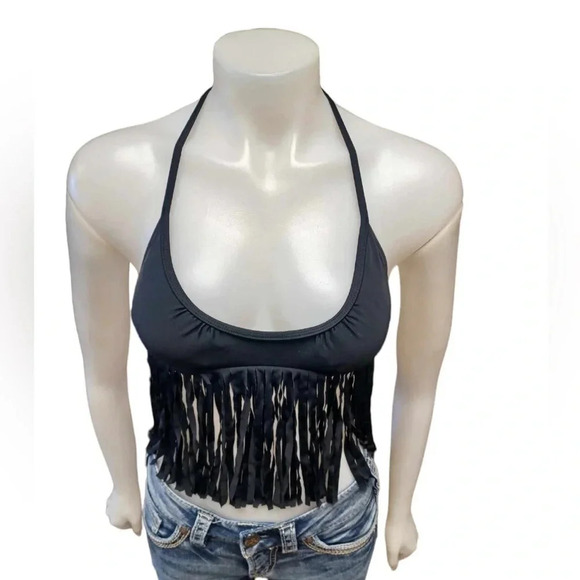 Apollo Swim  Black Fringe Bikini Top Size Medium - Picture 3 of 8
